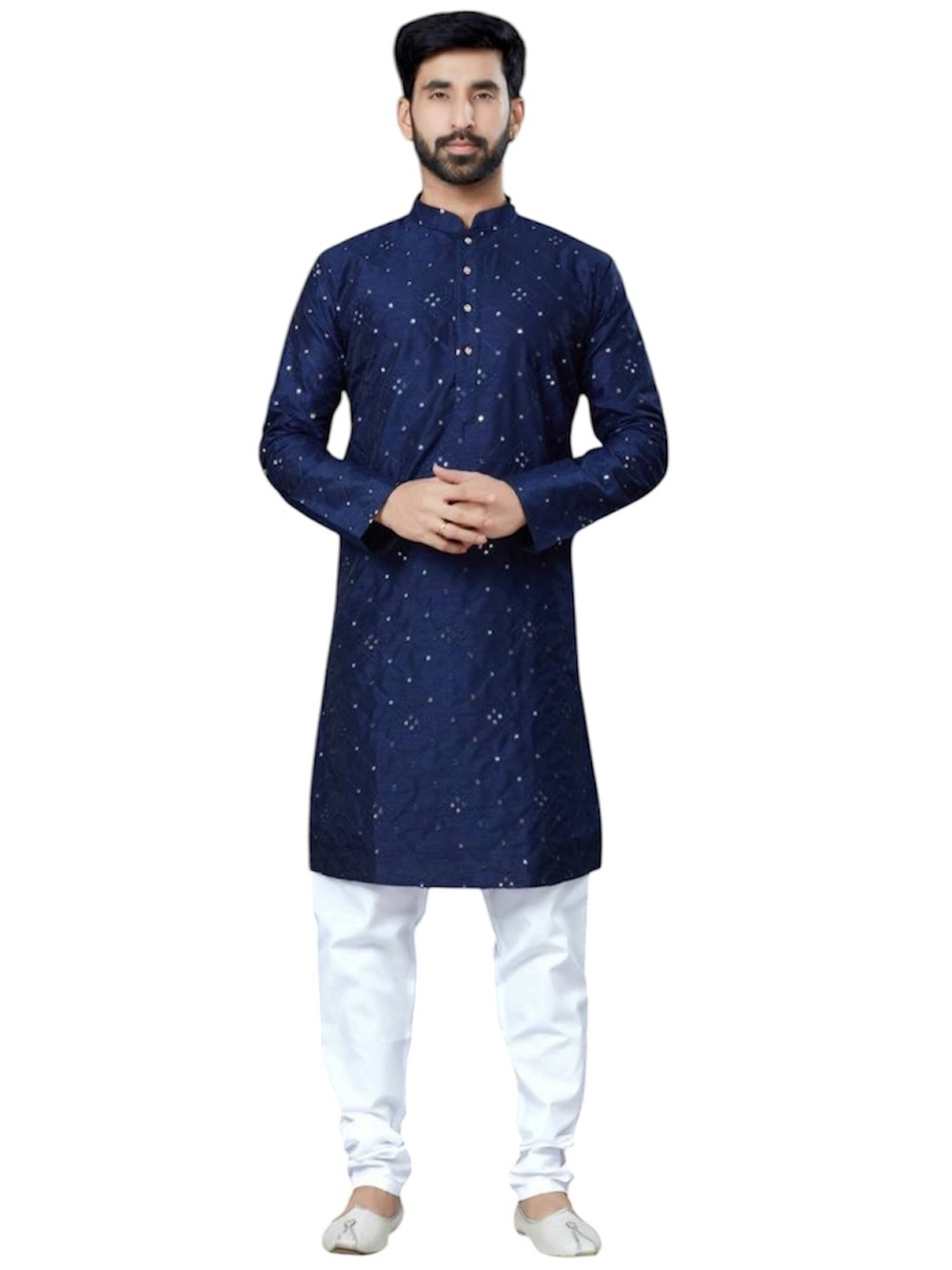 Men’s Embroidered Navy Embellished Long Sleeve Kurta Pajama Size: XL/44